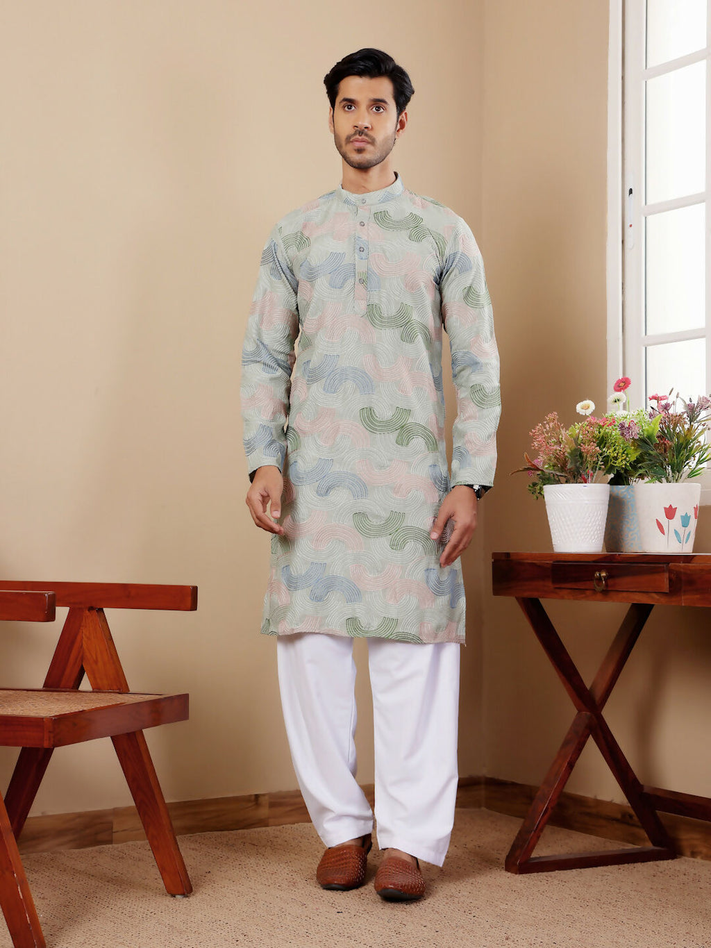 Pistel Green Linen Designer Embroidery Work Men's Rajwadi Kurta Set - Mahotsav | Grocsy