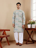 Pistel Green Linen Designer Embroidery Work Men's Rajwadi Kurta Set - Mahotsav | Grocsy