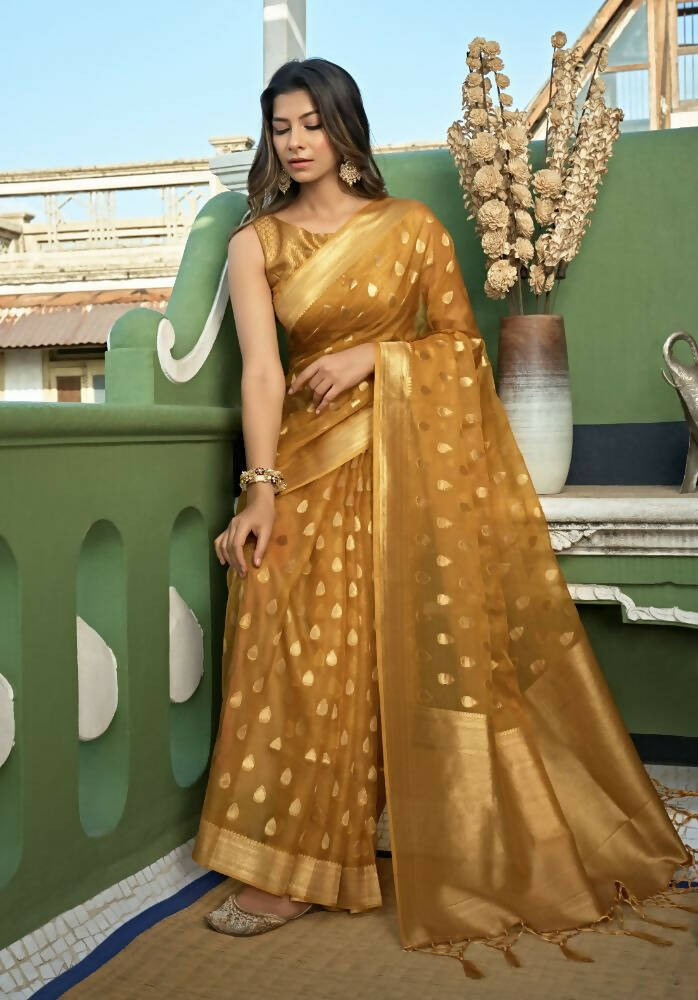 Delightful Designer Light Yellow Color Organza Silk Saree With Weaving Work - Yomika Fashions | Grocsy