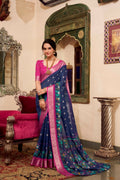 Vastranavya Navy Blue Poly Cotton Kalamkari Printed Saree with Unstitched Blouse | Grocsy