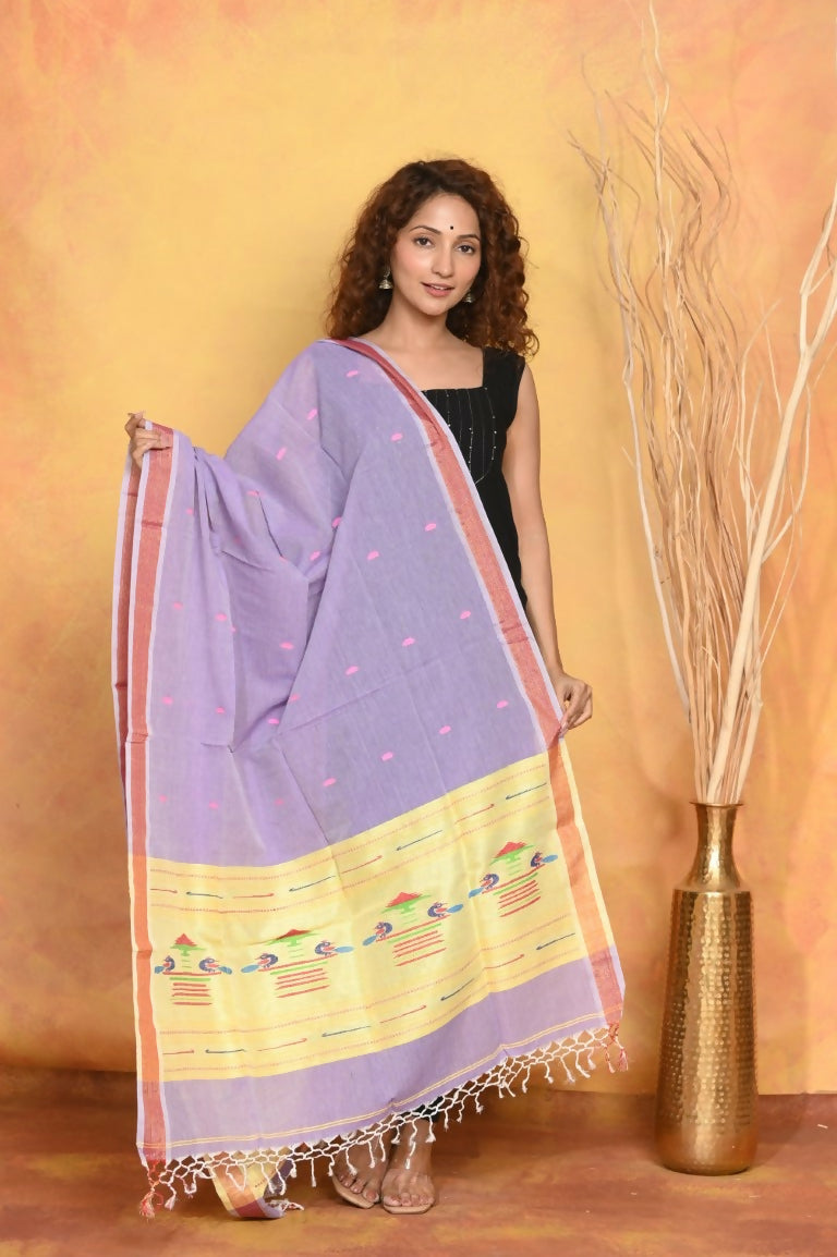 Very Much Indian Handloom Pure Cotton Paithani Dupatta - Lavender | Grocsy