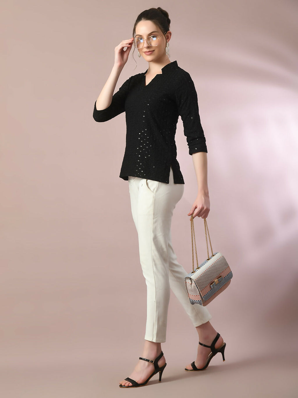 Myshka Women's Black Embellished Cotton Regular Party Tunic | Grocsy