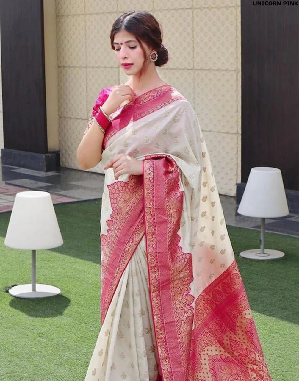 Vamika Weaving Banarasi Jacquard Pink Kanjivaram Saree | Grocsy