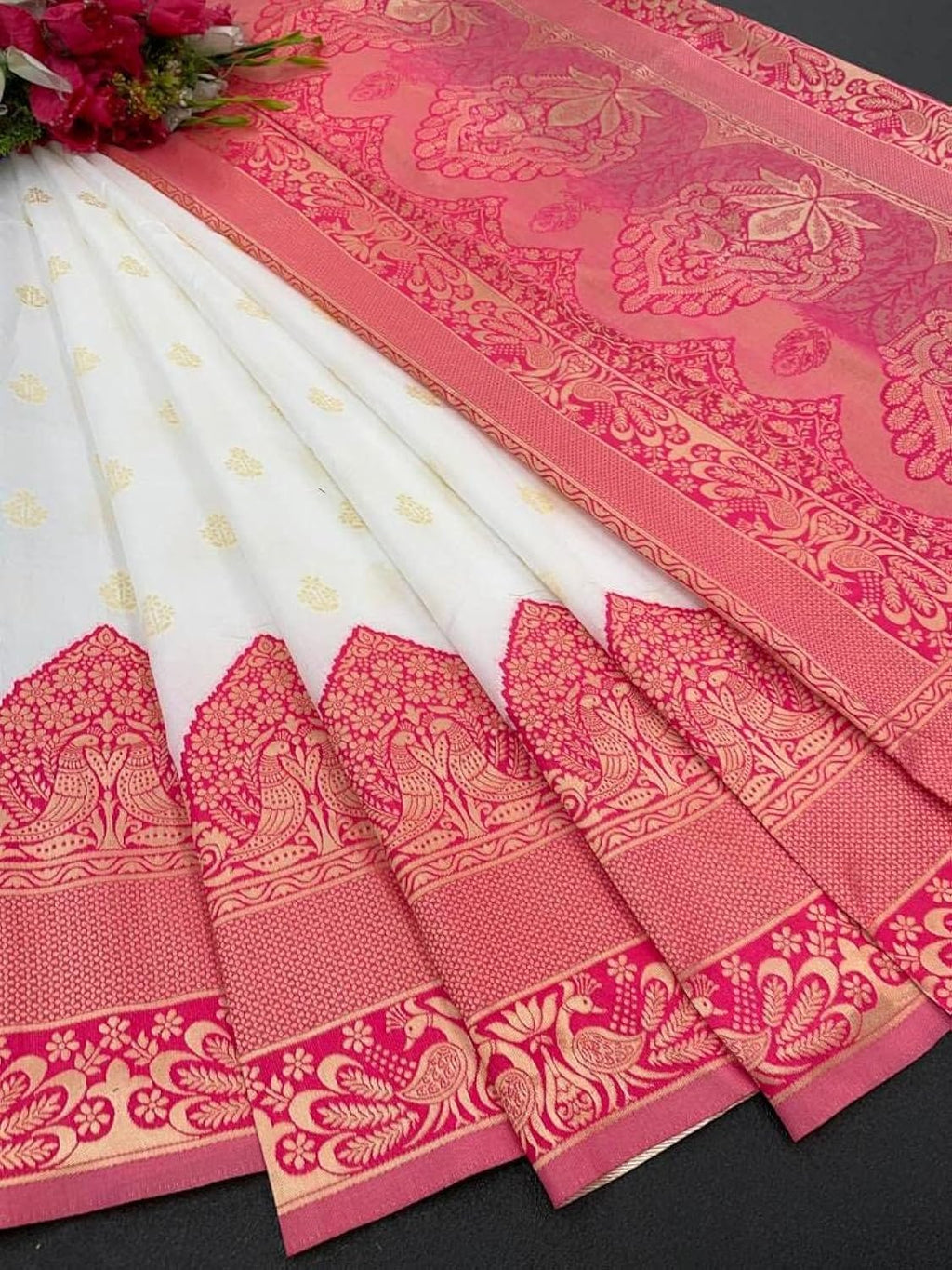 Vamika Weaving Banarasi Jacquard Pink Kanjivaram Saree | Grocsy