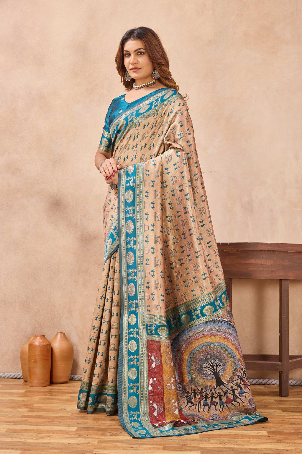 Divine International Trading Co Beige Soft Silk Blend Banarasi Jacuard Work Designer Party Wear Saree With Unstitched Blouse Piece | Grocsy
