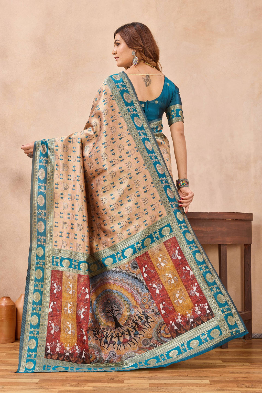 Divine International Trading Co Beige Soft Silk Blend Banarasi Jacuard Work Designer Party Wear Saree With Unstitched Blouse Piece | Grocsy