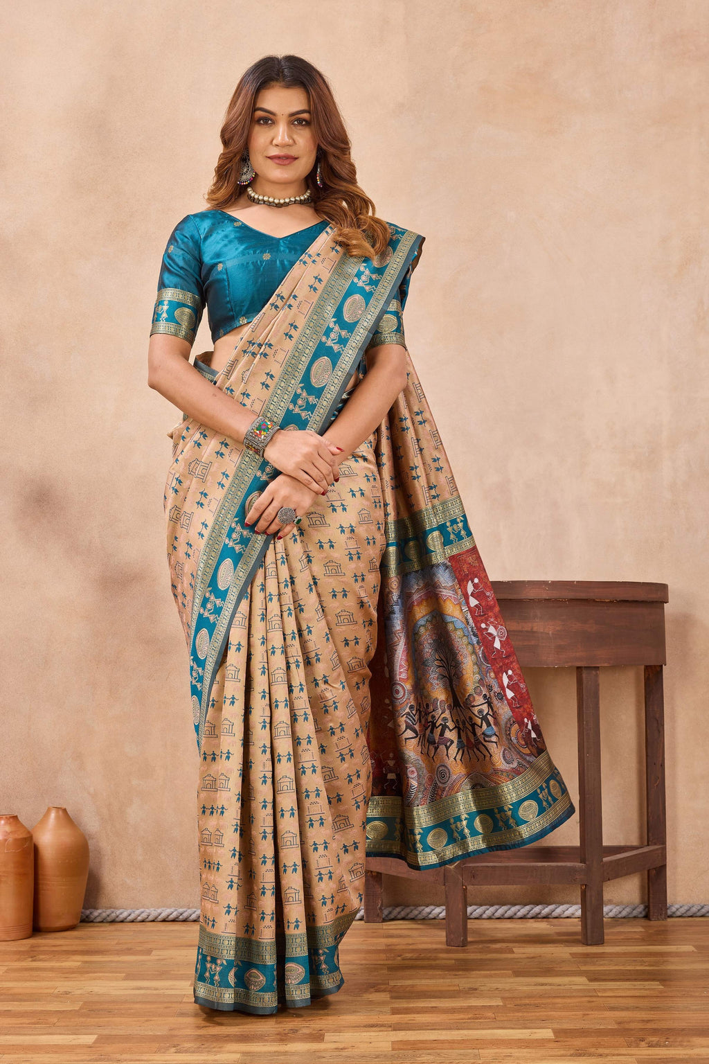 Divine International Trading Co Beige Soft Silk Blend Banarasi Jacuard Work Designer Party Wear Saree With Unstitched Blouse Piece | Grocsy