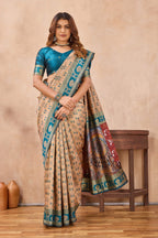 Divine International Trading Co Beige Soft Silk Blend Banarasi Jacuard Work Designer Party Wear Saree With Unstitched Blouse Piece | Grocsy
