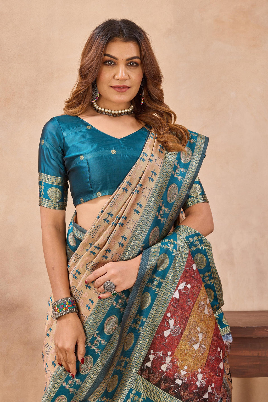 Divine International Trading Co Beige Soft Silk Blend Banarasi Jacuard Work Designer Party Wear Saree With Unstitched Blouse Piece | Grocsy