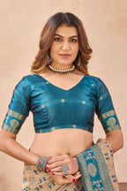 Divine International Trading Co Beige Soft Silk Blend Banarasi Jacuard Work Designer Party Wear Saree With Unstitched Blouse Piece | Grocsy