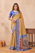 Divine International Trading Co Mustard Blue Soft Silk Blend Banarasi Jacuard Work Designer Party Wear Saree With Unstitched Blouse Piece | Grocsy