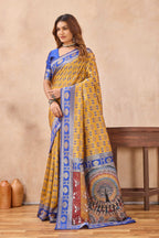 Divine International Trading Co Mustard Blue Soft Silk Blend Banarasi Jacuard Work Designer Party Wear Saree With Unstitched Blouse Piece | Grocsy