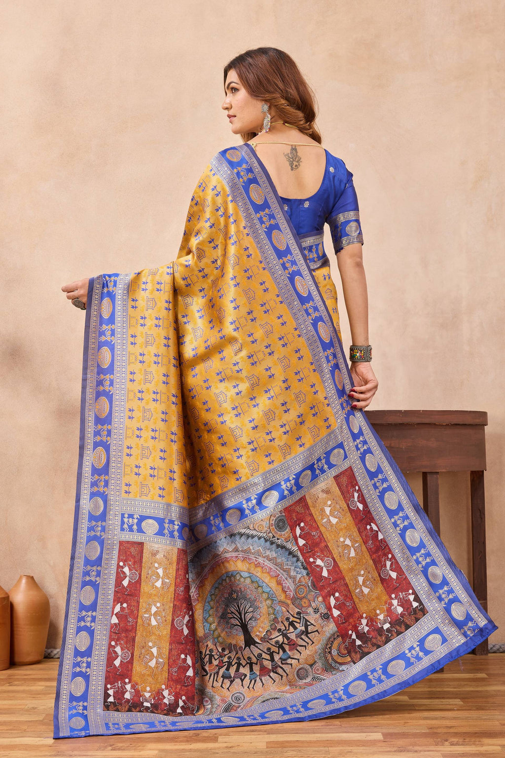 Divine International Trading Co Mustard Blue Soft Silk Blend Banarasi Jacuard Work Designer Party Wear Saree With Unstitched Blouse Piece | Grocsy