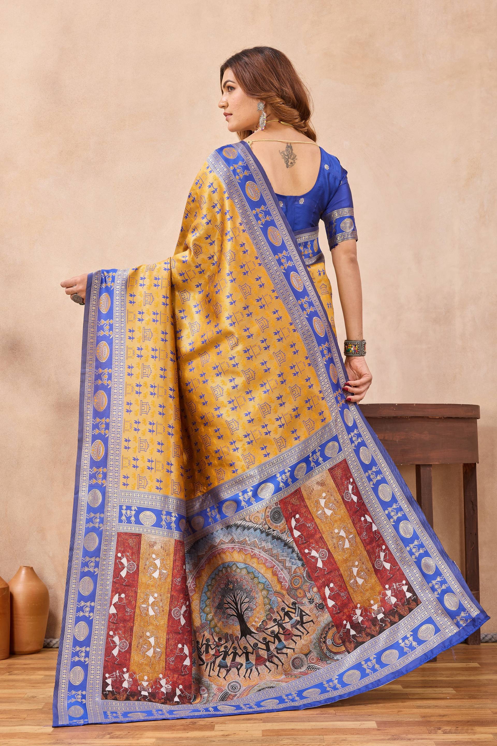 Divine International Trading Co Mustard Blue Soft Silk Blend Banarasi Jacuard Work Designer Party Wear Saree With Unstitched Blouse Piece | Grocsy
