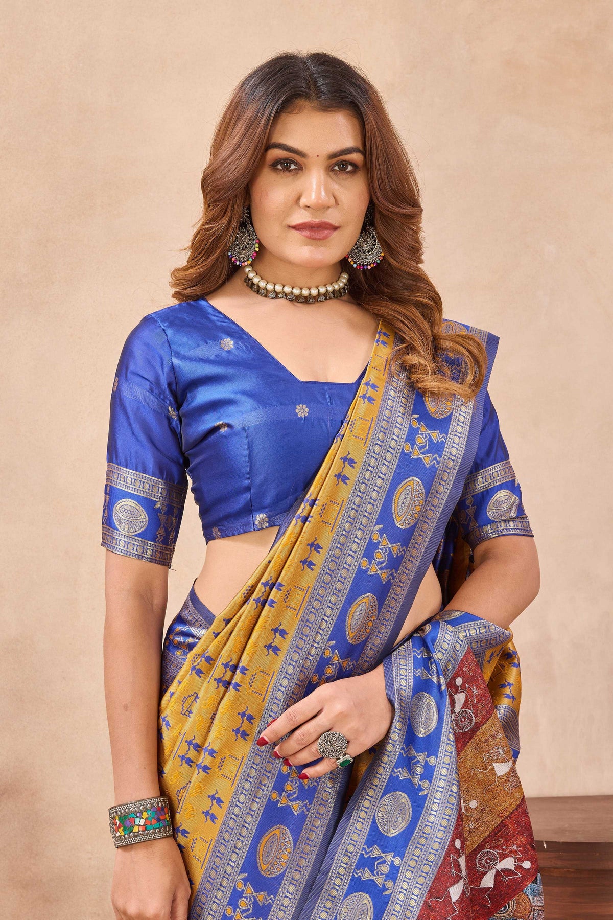 Divine International Trading Co Mustard Blue Soft Silk Blend Banarasi Jacuard Work Designer Party Wear Saree With Unstitched Blouse Piece | Grocsy