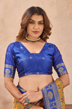 Divine International Trading Co Mustard Blue Soft Silk Blend Banarasi Jacuard Work Designer Party Wear Saree With Unstitched Blouse Piece | Grocsy