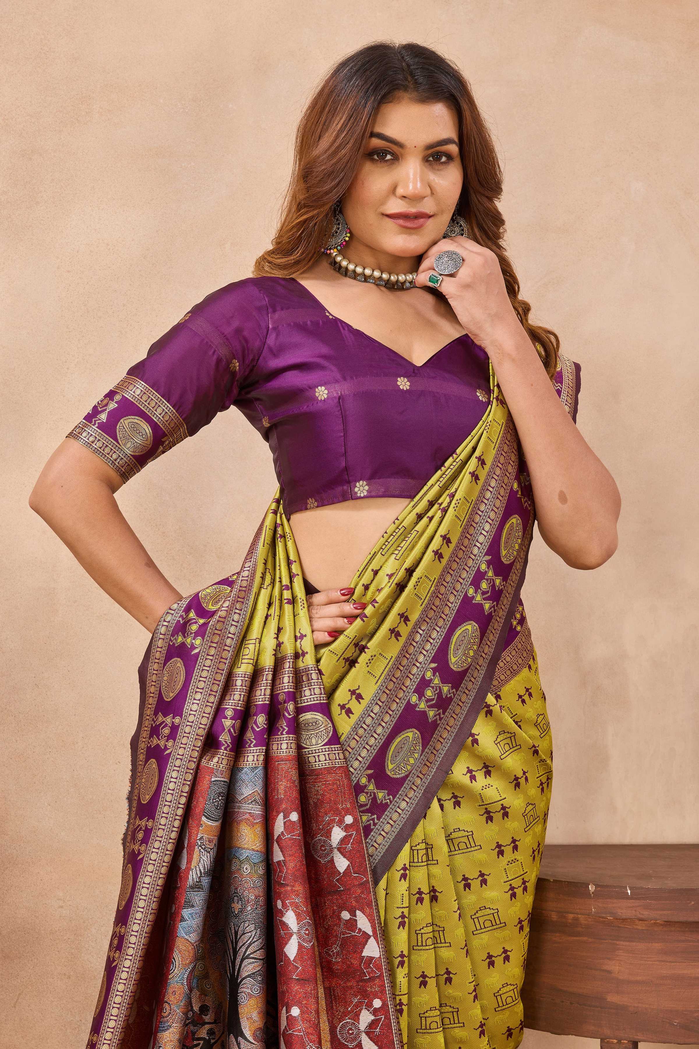 Divine International Trading Co Neon Wine Soft Silk Blend Banarasi Jacuard Work Designer Party Wear Saree With Unstitched Blouse Piece | Grocsy