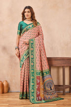 Divine International Trading Co Peach Green Soft Silk Blend Banarasi Jacuard Work Designer Party Wear Saree With Unstitched Blouse Piece | Grocsy