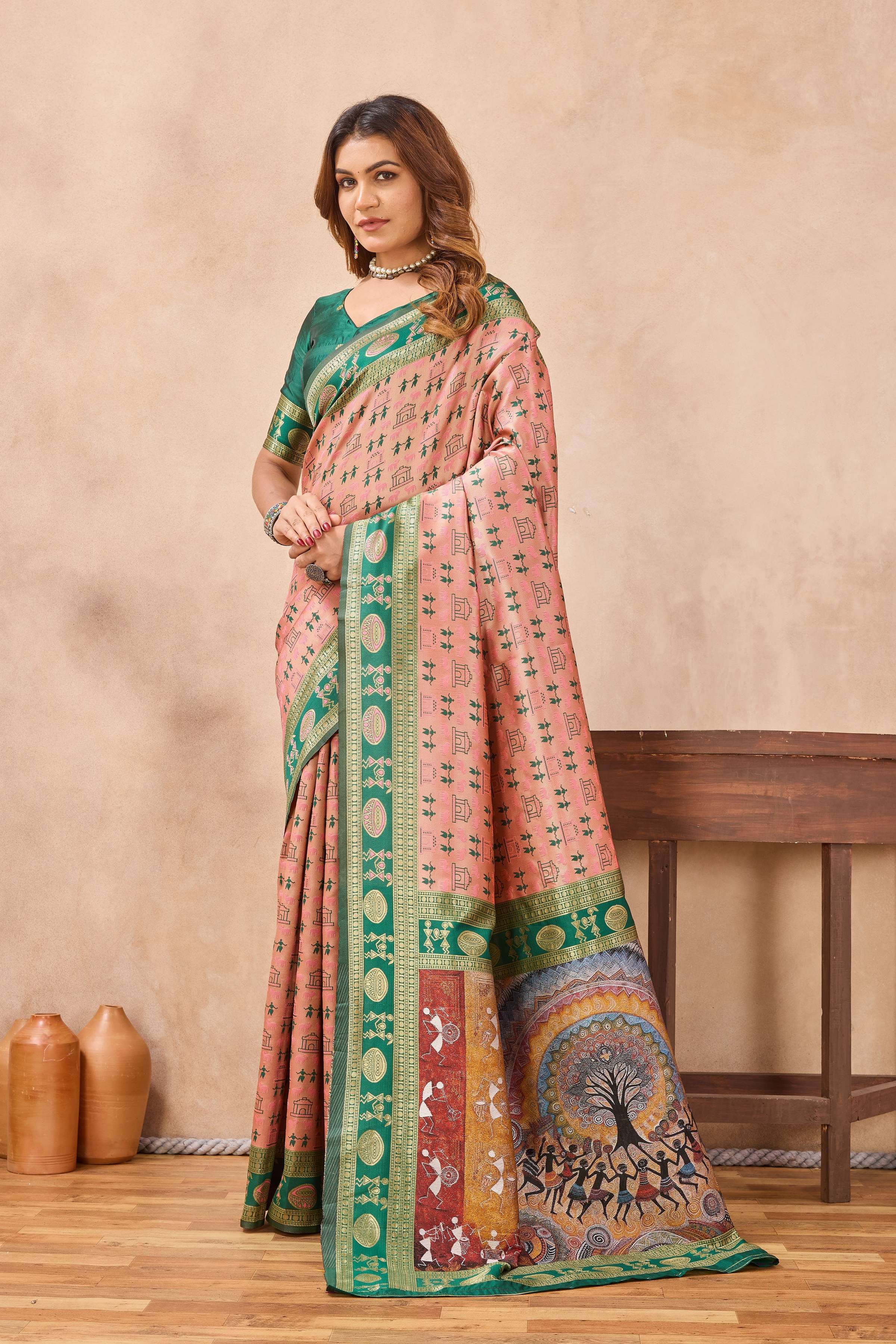 Divine International Trading Co Peach Green Soft Silk Blend Banarasi Jacuard Work Designer Party Wear Saree With Unstitched Blouse Piece | Grocsy