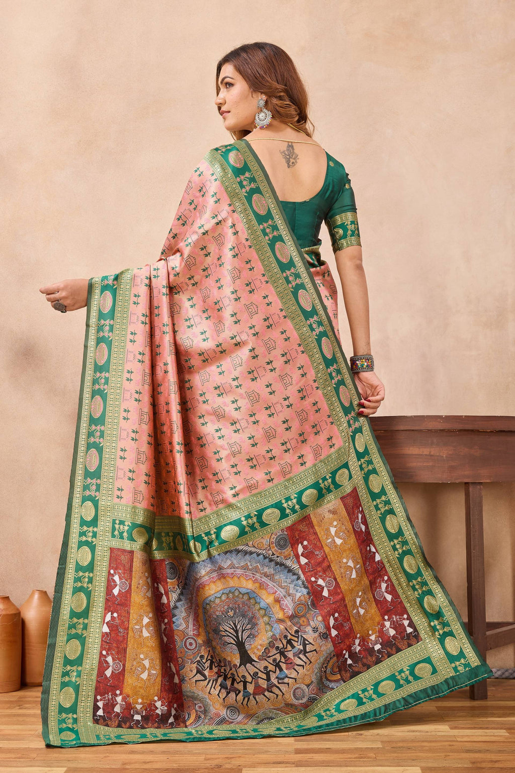 Divine International Trading Co Peach Green Soft Silk Blend Banarasi Jacuard Work Designer Party Wear Saree With Unstitched Blouse Piece | Grocsy