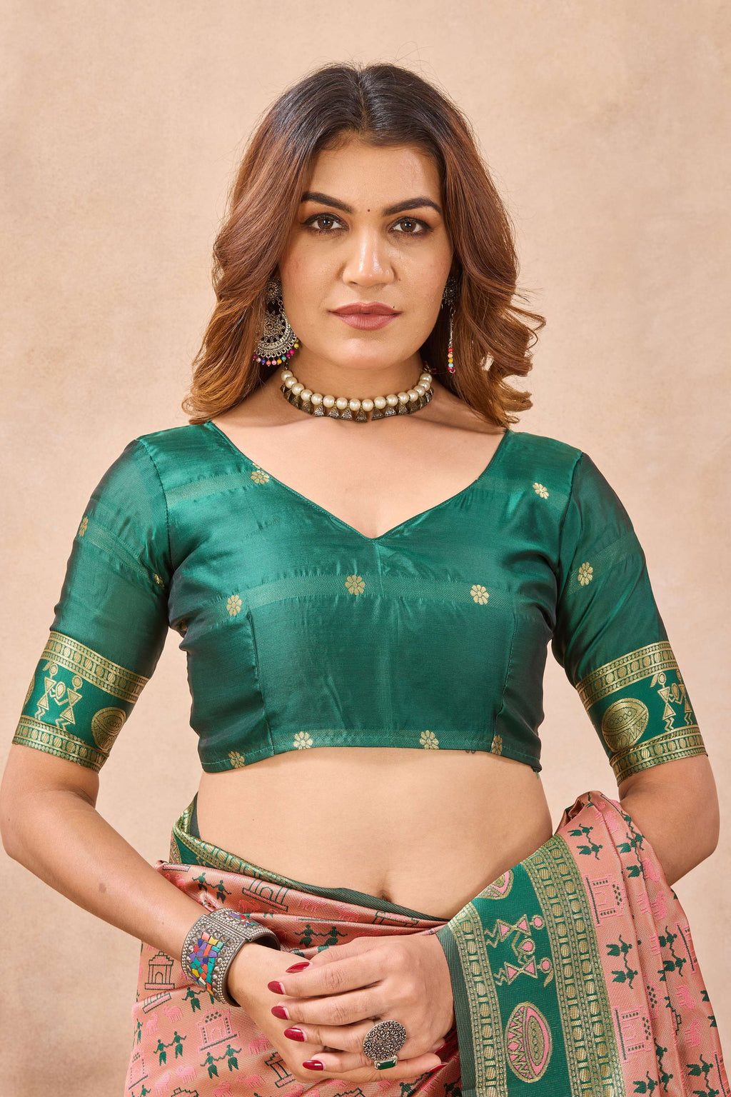 Divine International Trading Co Peach Green Soft Silk Blend Banarasi Jacuard Work Designer Party Wear Saree With Unstitched Blouse Piece | Grocsy