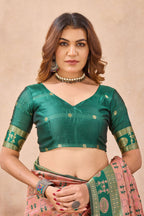 Divine International Trading Co Peach Green Soft Silk Blend Banarasi Jacuard Work Designer Party Wear Saree With Unstitched Blouse Piece | Grocsy