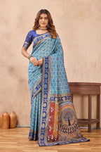 Divine International Trading Co Turquoise Soft Silk Blend Banarasi Jacuard Work Designer Party Wear Saree With Unstitched Blouse Piece | Grocsy