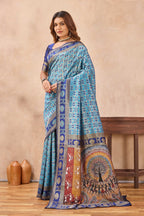Divine International Trading Co Turquoise Soft Silk Blend Banarasi Jacuard Work Designer Party Wear Saree With Unstitched Blouse Piece | Grocsy