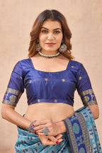 Divine International Trading Co Turquoise Soft Silk Blend Banarasi Jacuard Work Designer Party Wear Saree With Unstitched Blouse Piece | Grocsy