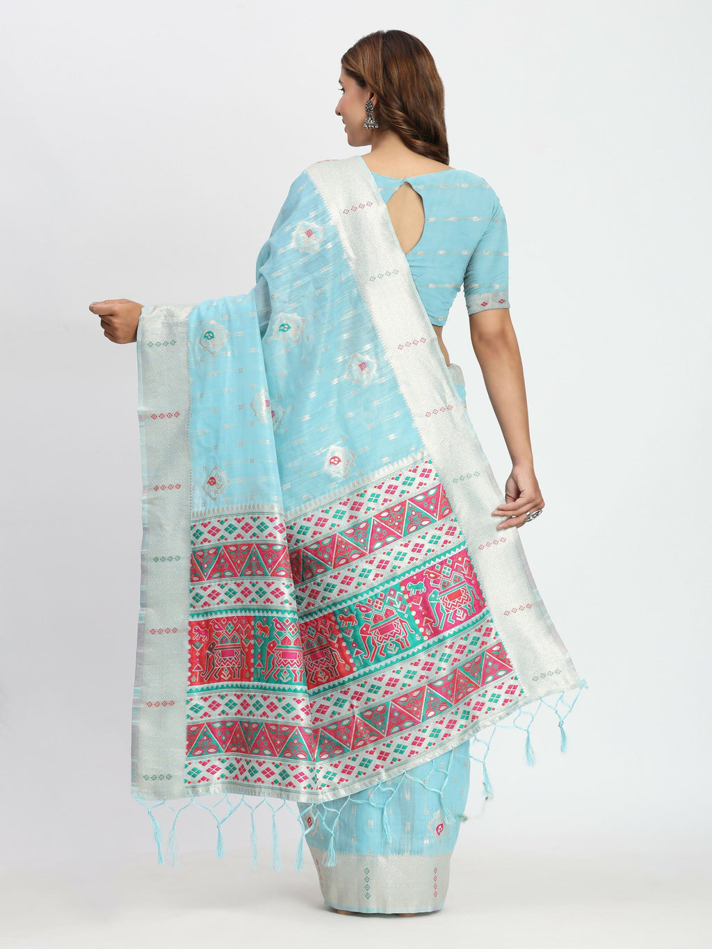 Shree Shyam Fashion Linen Cotton Sky Blue Saree | Grocsy