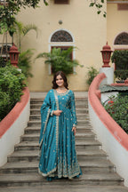 Joban Fashion Blue Chinon Sequence Embroidery Work Kurta Set | Grocsy
