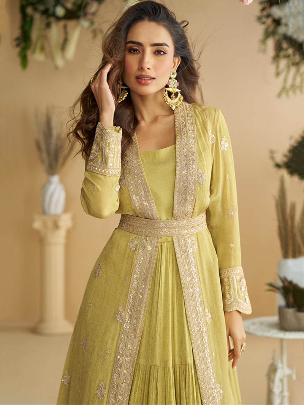 Evanik Perrot Chinon Silk With Embroidered Work Gown With Shrug & Belt | Grocsy