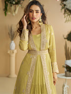 Evanik Perrot Chinon Silk With Embroidered Work Gown With Shrug & Belt | Grocsy