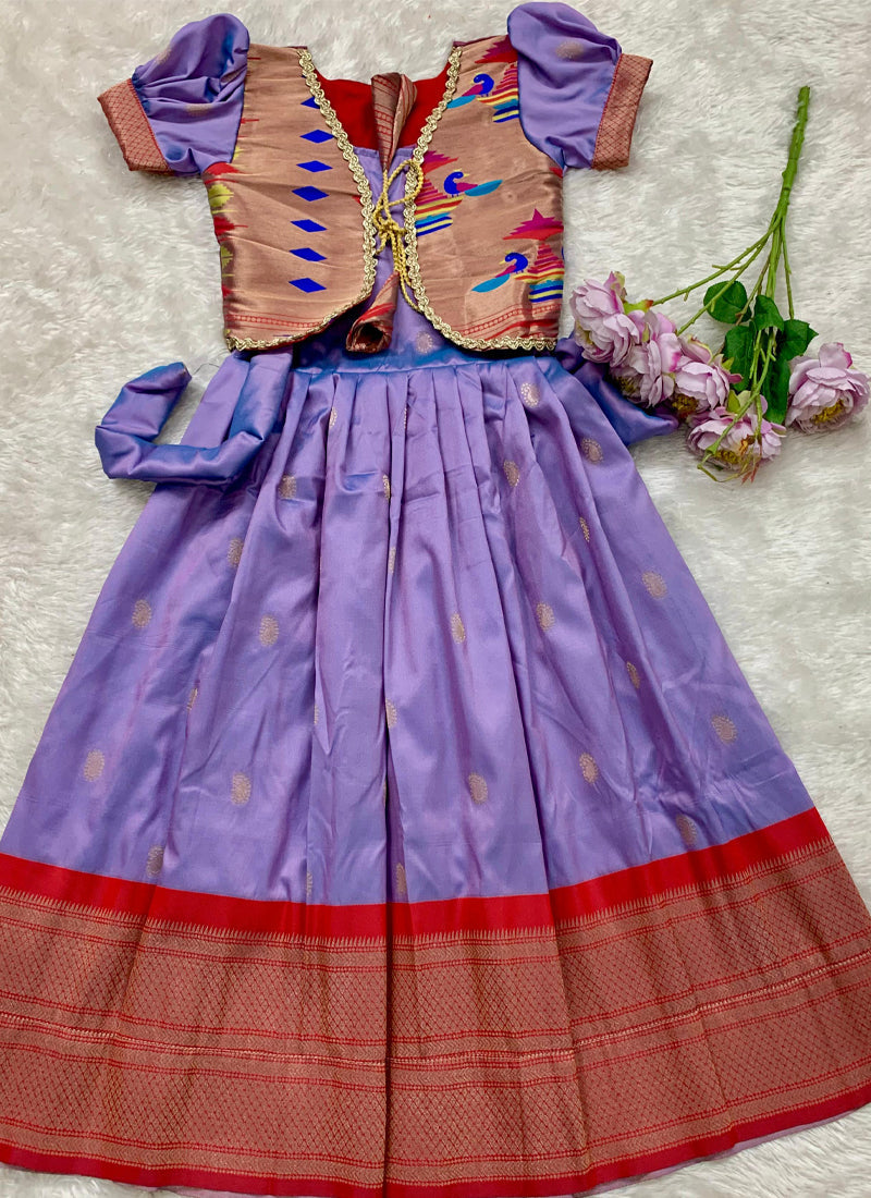 Evanik Purple Soft Paithani Silk Zari Weaving Pavadai For Kids Gown & Koti | Grocsy