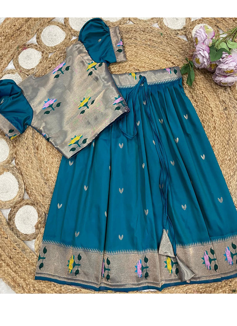 Evanik Blue Soft Silk Paithani Design Zari Weaving Pavadai Lehenga Choli For Kids | Grocsy