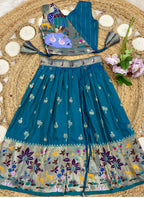 Evanik Blue Soft Silk Paithani Design Zari Weaving Pavadai Lehenga Choli For Kids | Grocsy