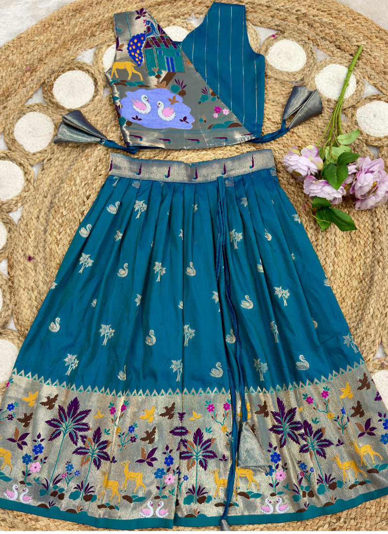 Evanik Blue Soft Silk Paithani Design Zari Weaving Pavadai Lehenga Choli For Kids | Grocsy