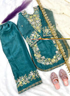 Evanik Turquoise Kids Festival Wear Black Embroidered Silk Kurta Palazzo Set | Grocsy