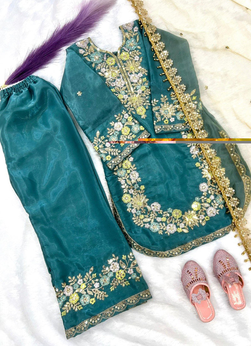 Evanik Turquoise Kids Festival Wear Black Embroidered Silk Kurta Palazzo Set | Grocsy