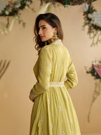 Evanik Perrot Chinon Silk With Embroidered Work Gown With Shrug & Belt | Grocsy