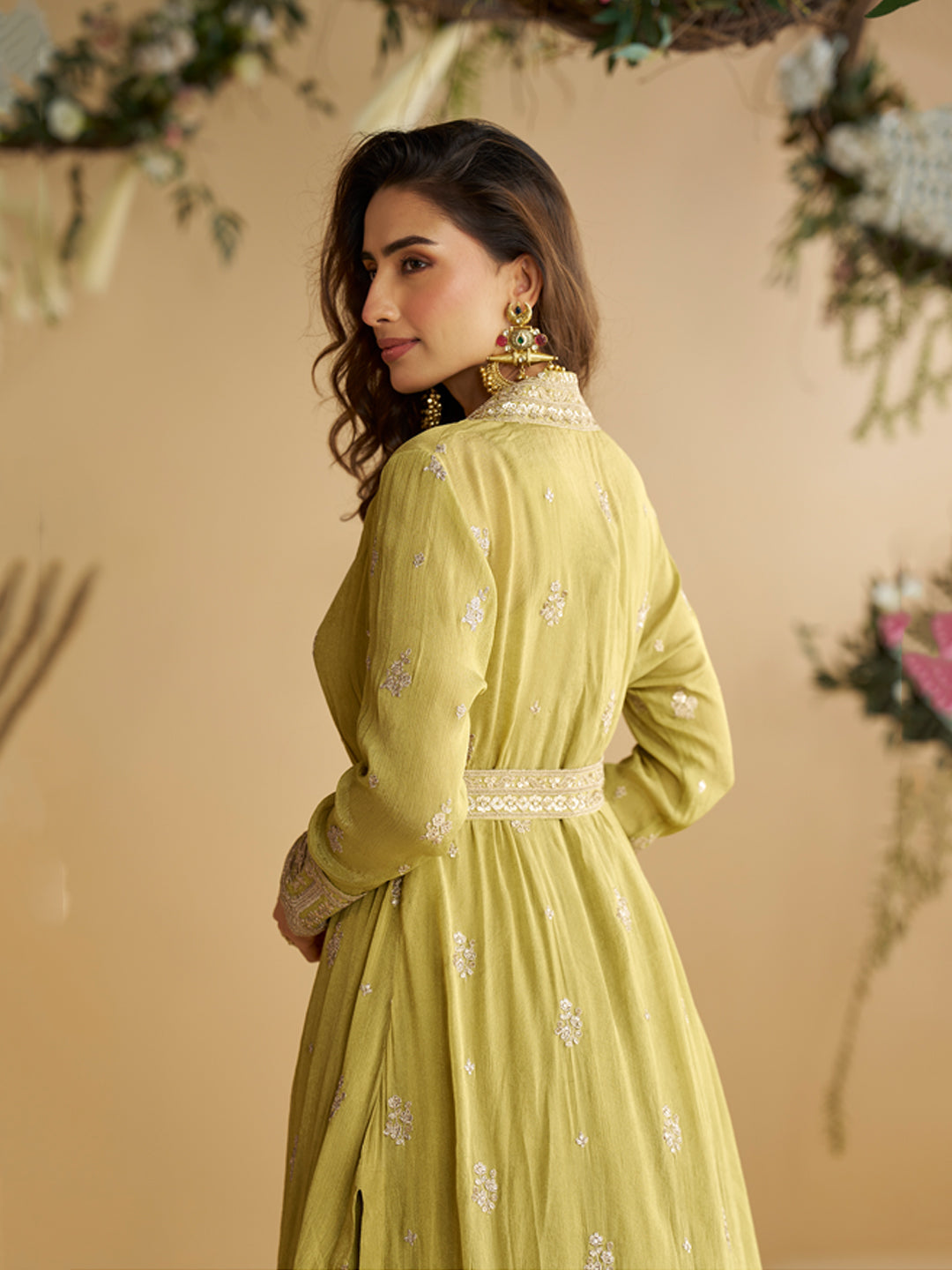 Evanik Perrot Chinon Silk With Embroidered Work Gown With Shrug & Belt | Grocsy
