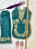 Evanik Turquoise Kids Festival Wear Black Embroidered Silk Kurta Palazzo Set | Grocsy