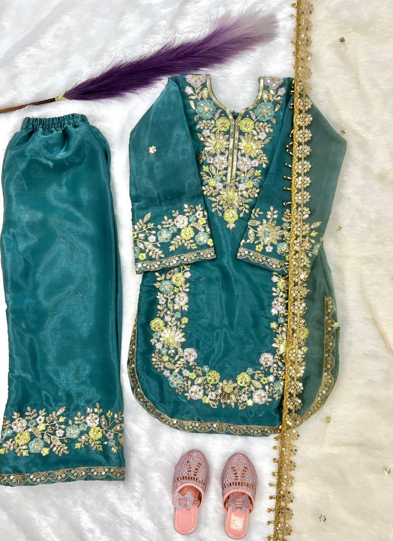 Evanik Turquoise Kids Festival Wear Black Embroidered Silk Kurta Palazzo Set | Grocsy