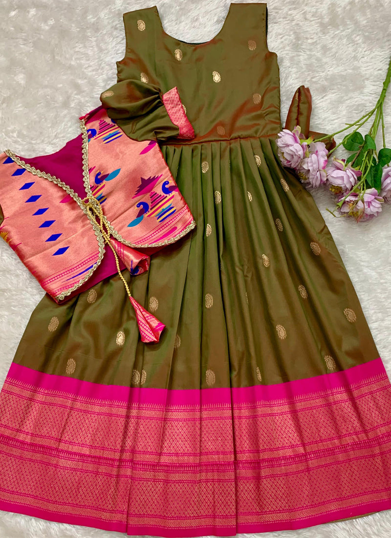 Evanik Green Soft Paithani Silk Zari Weaving Pavadai For Kids Gown & Koti | Grocsy
