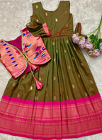 Evanik Green Soft Paithani Silk Zari Weaving Pavadai For Kids Gown & Koti | Grocsy