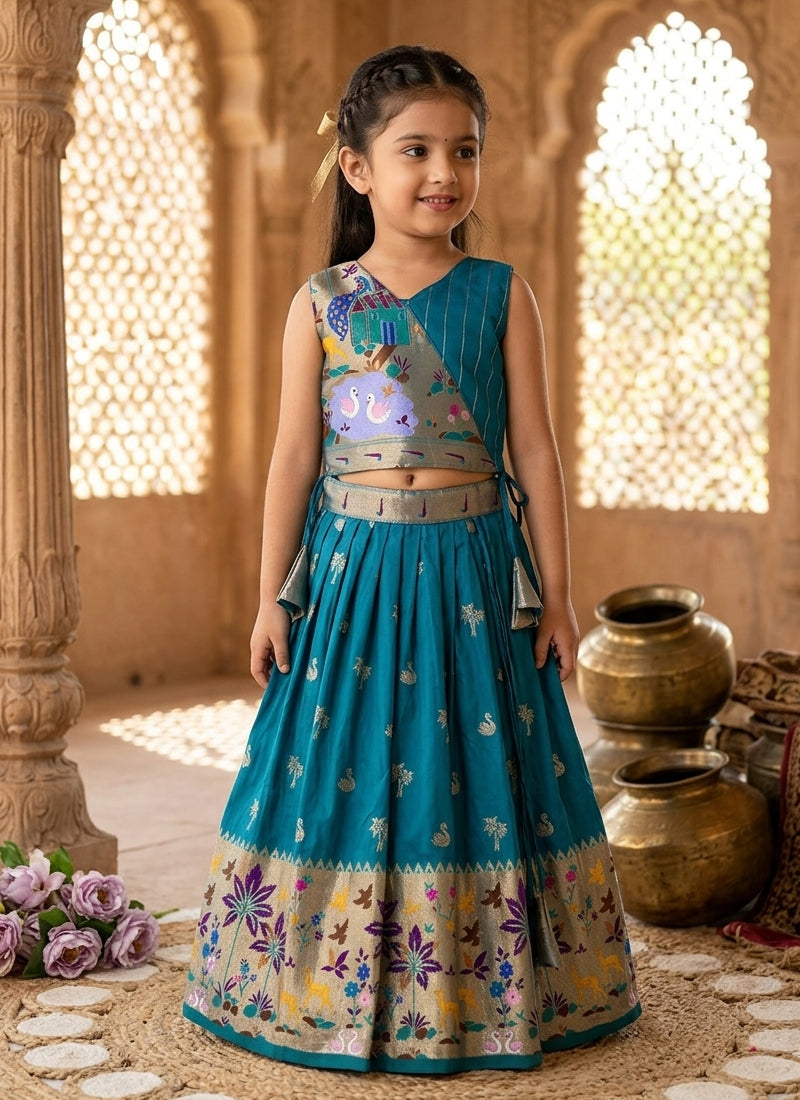 Evanik Blue Soft Silk Paithani Design Zari Weaving Pavadai Lehenga Choli For Kids | Grocsy