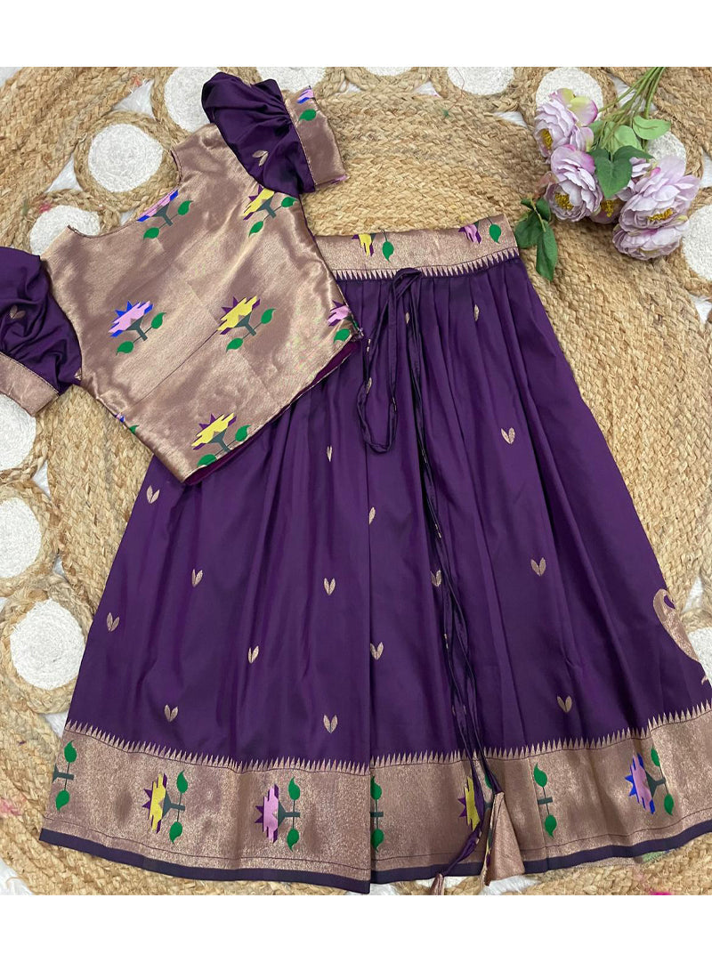 Evanik Purple Soft Silk Paithani Design Zari Weaving Pavadai Lehenga Choli For Kids | Grocsy