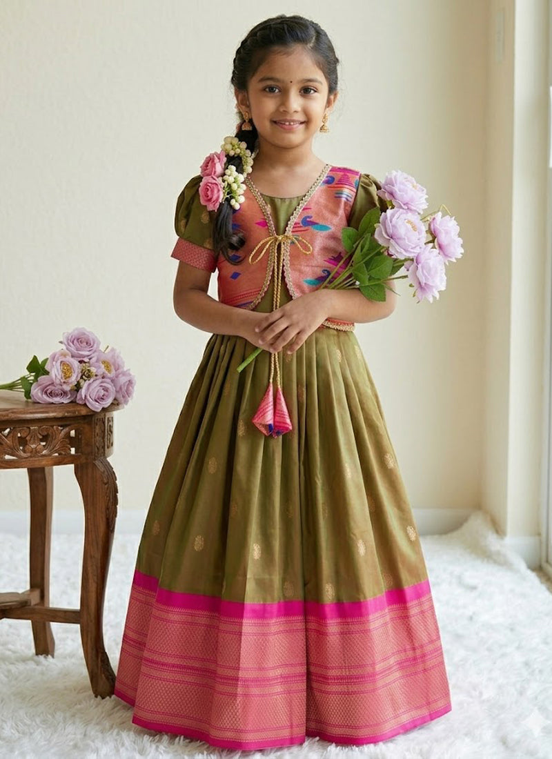 Evanik Green Soft Paithani Silk Zari Weaving Pavadai For Kids Gown & Koti | Grocsy