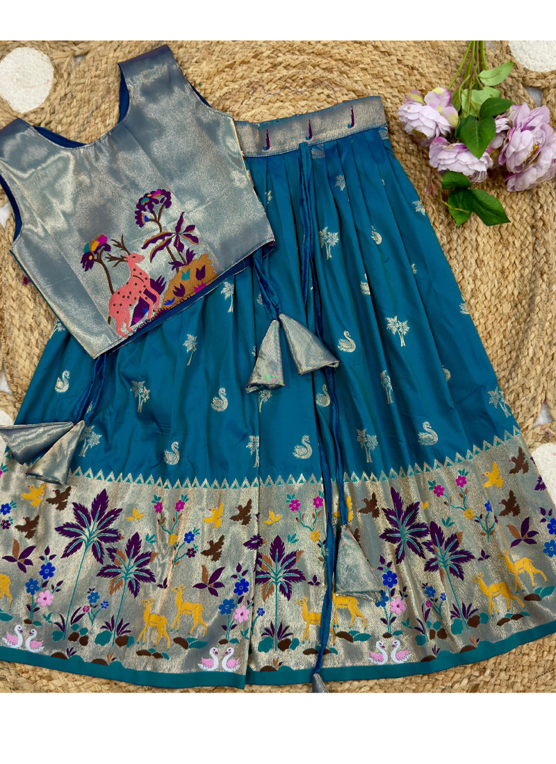 Evanik Blue Soft Silk Paithani Design Zari Weaving Pavadai Lehenga Choli For Kids | Grocsy