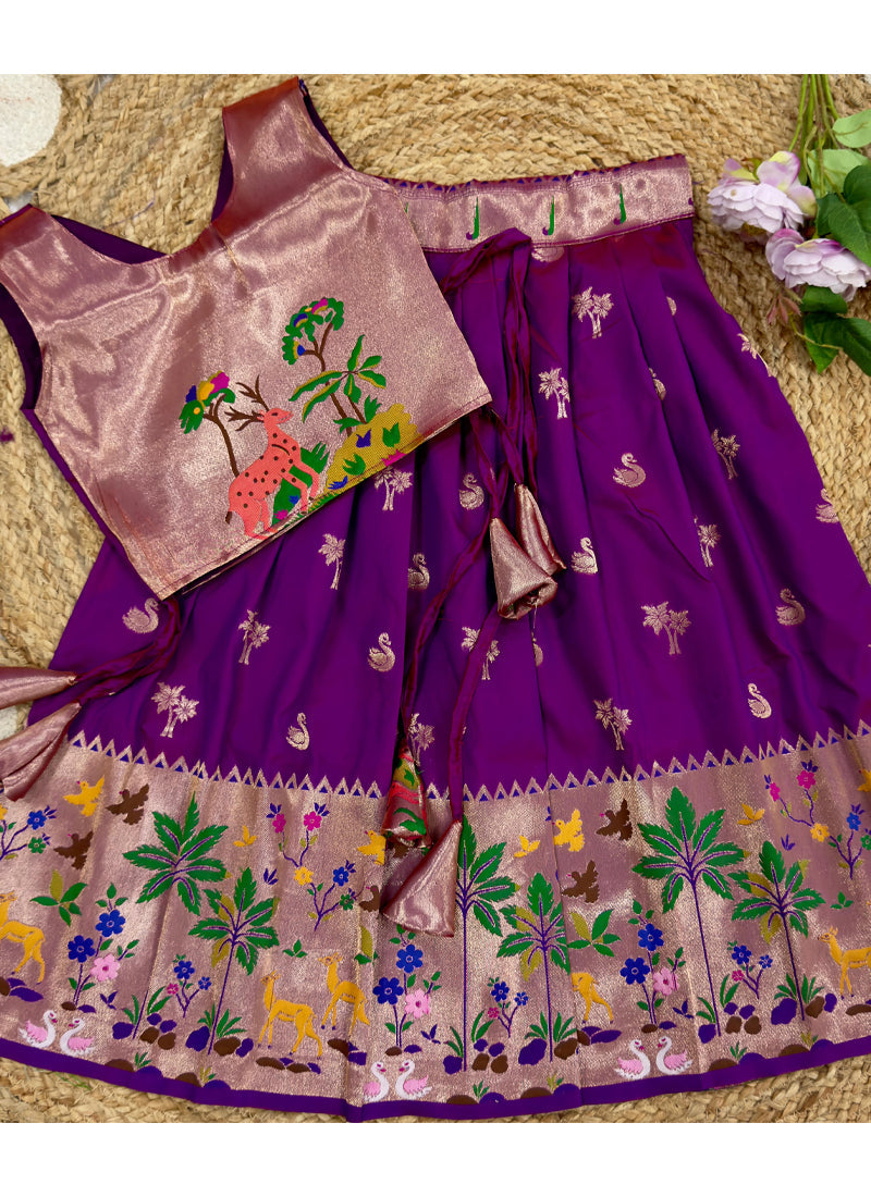 Evanik Purple Soft Silk Paithani Design Zari Weaving Pavadai Lehenga Choli For Kids | Grocsy